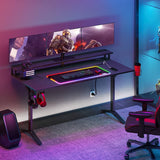Ergonomic Gaming Table with Monitor Stand, Cup Holder, Headphone Hook, Outlet Organizer